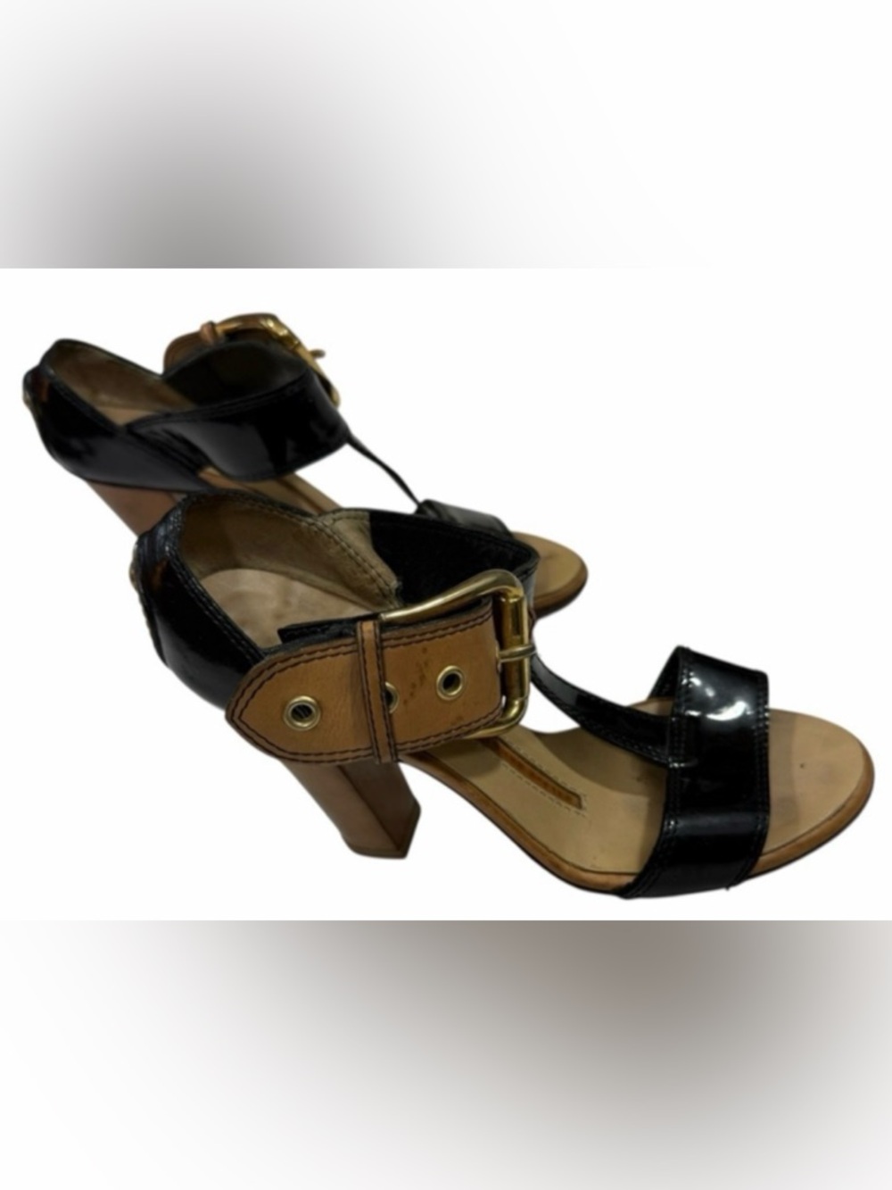 Giuseppe Zanotti Patent Leather T Strap Sandals Buckle Heels Sz35